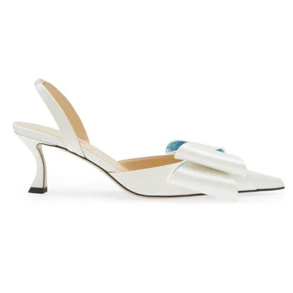 MACH & MACH La Cadeau Bow Pointed Toe Slingback Pump in White (Blue Crystals) - Picture 3 of 9